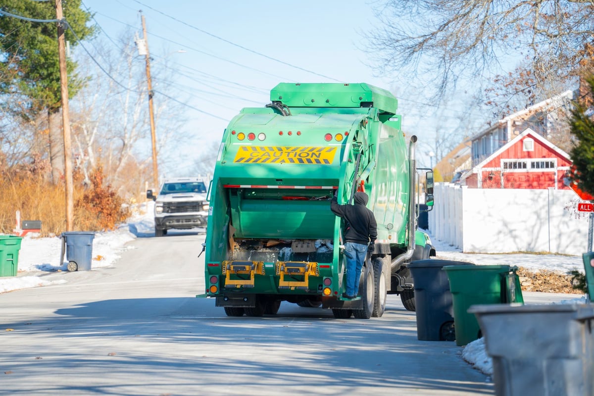 Waste collecting truck in the street of residential area